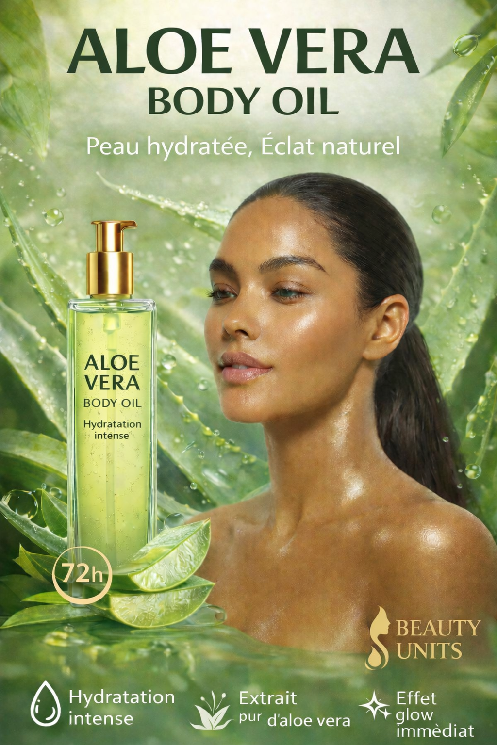 🧴 ALOE VERA BODY OIL – Beauty Units
🌿 Peau hydratée, éclat naturel
✨ 
Une huile corporelle luxueuse à l’aloe vera pur qui hydrate intensément pendant 72h, illumine la peau et laisse un glow nat