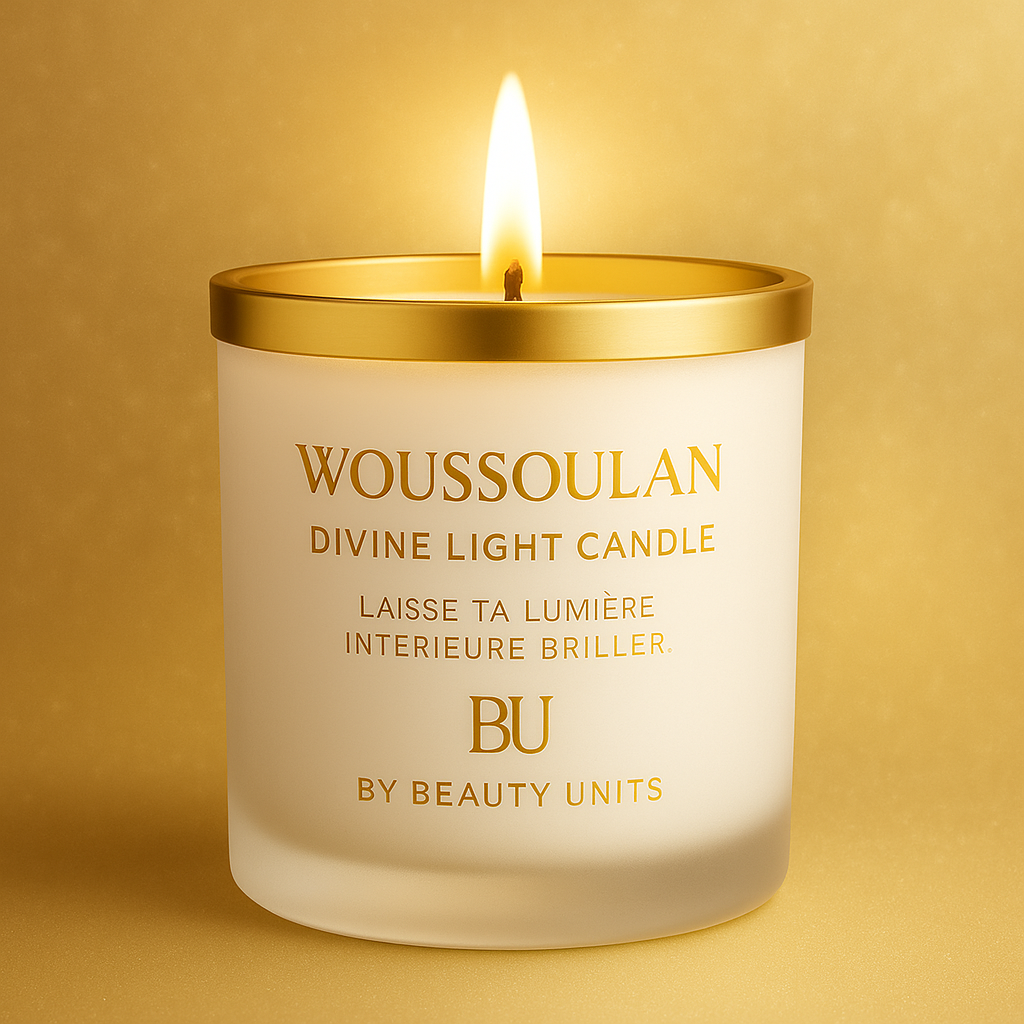 🕯️ WOUSSOULAN – Divine Light Candle
Laisse ta lumière intérieure briller.
Marque : Woussoulan
Signature : BU – By Beauty Units
Catégorie : Bougie parfumée de luxe / Home scent / Bien-être
