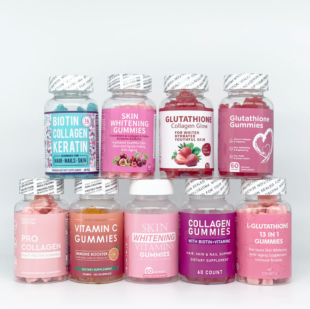 🧁 PACK 9 GUMMIES BEAUTY – SKIN, HAIR & GLOW
✨ Routine complète Beauté & Éclat – 9 en 1
Prix : 150€
📦 Contenu : 9 flacons – 60 gummies chacun
💎 Édition Premium – Cure complète