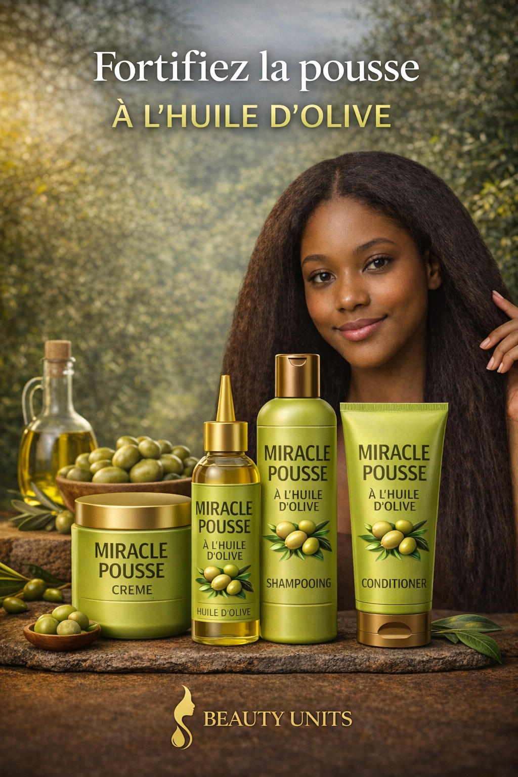 🌿 Miracle Pousse à l’Huile d’Olive
Fortifiez la pousse – Nourrissez intensément – Réduisez la casse
Miracle Pousse à l’Huile d’Olive est une gamme capillaire nourrissante et fortifiante conçue pour stimuler la pousse, renforcer la fibre capillaire et pré