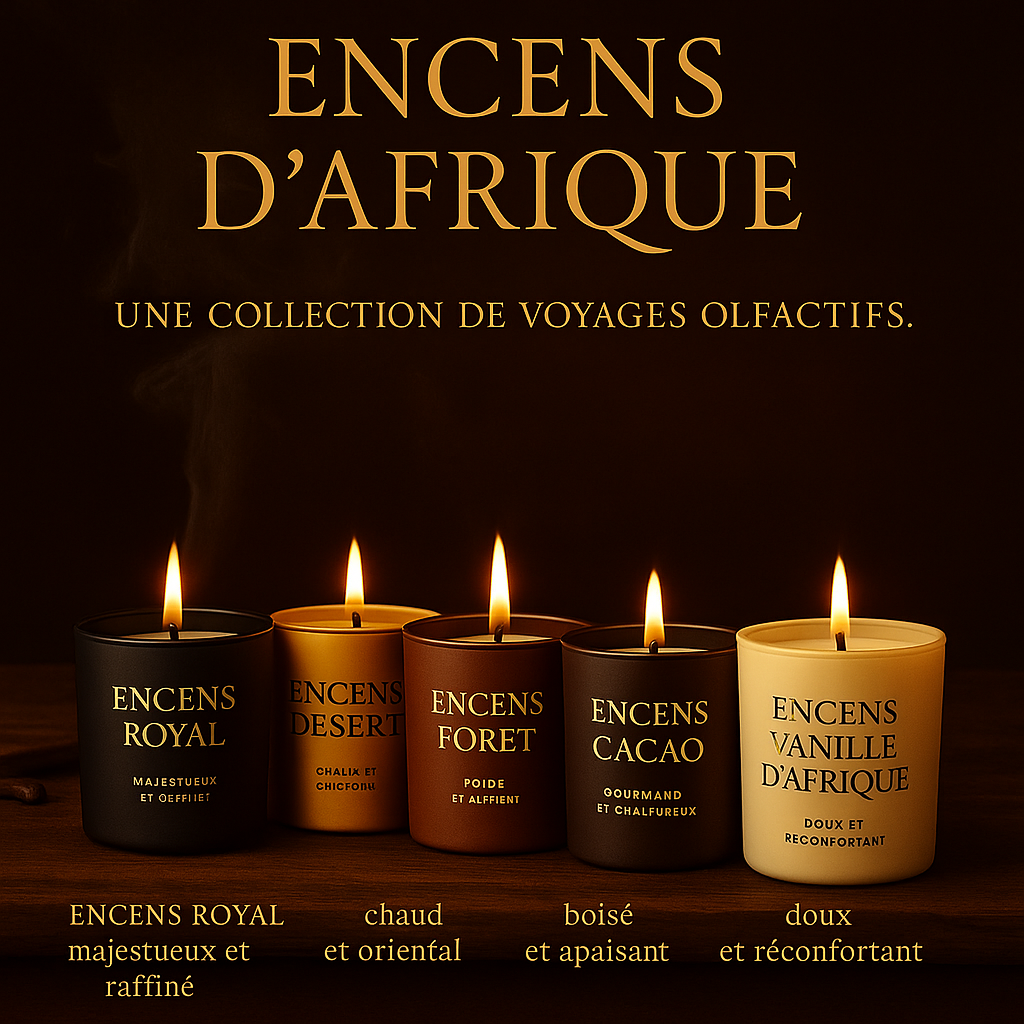 🕯️ Encens d’Afrique – Coffret Cadeau Exclusif
5 voyages olfactifs en un seul coffret
Marque : Encens d’Afrique
Collection : Voyages Olfactifs
Catégorie : Bougies parfumées de luxe / Coffret cadeau / Home scent