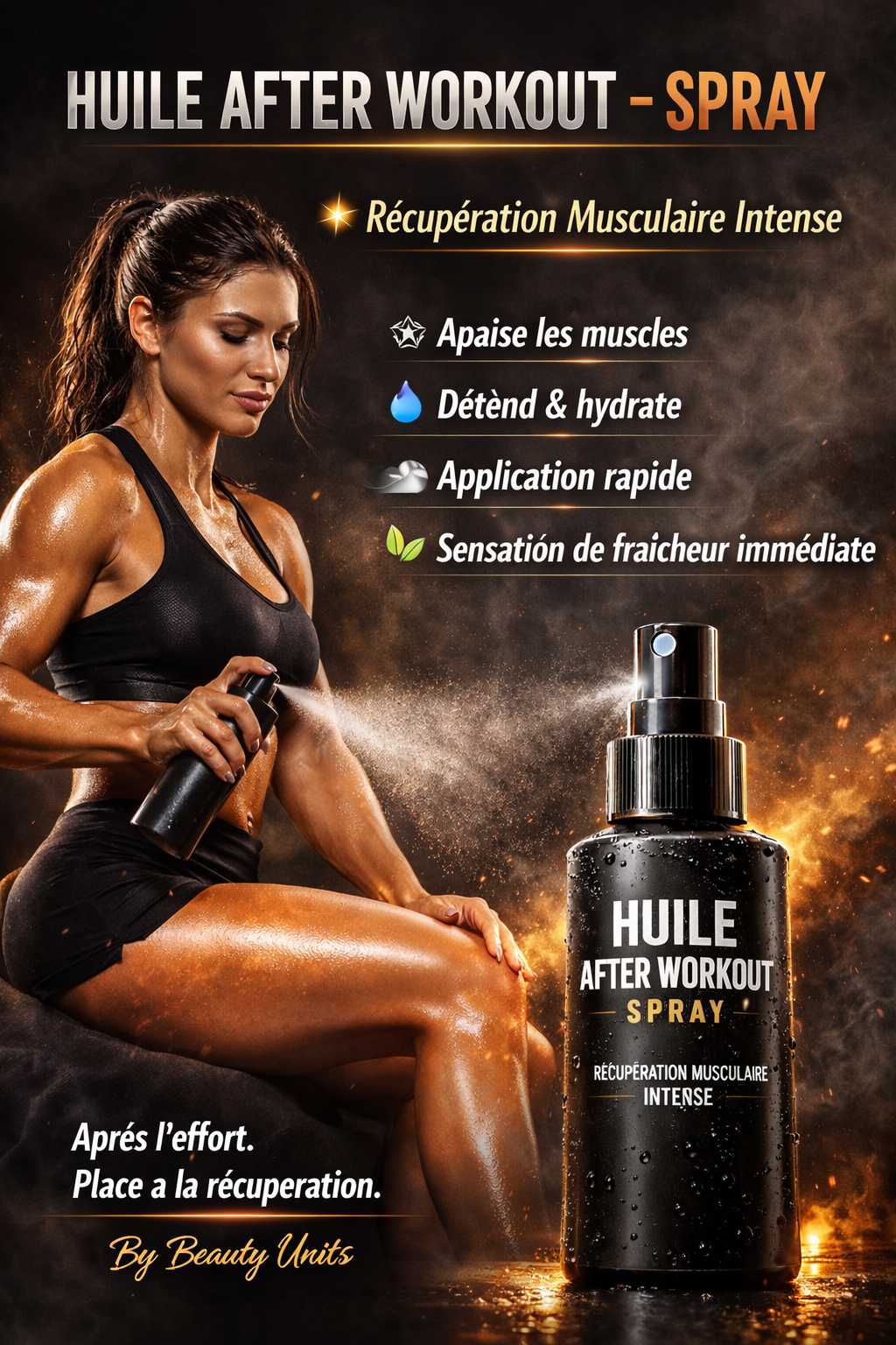 Huile After Workout Spray – Récupération Musculaire Intense | By Beauty Units
 du bouton Ajouter au panier)
💧 Après l’effort, place à la récupération.
Un spray post-entraînement pour apaiser, détendre et