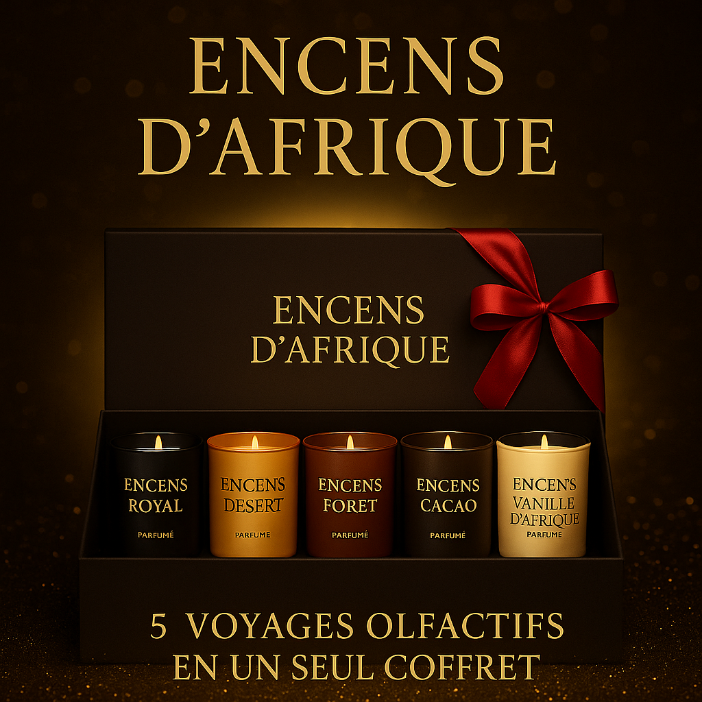 🕯️ Encens d’Afrique – Coffret Cadeau Exclusif
5 voyages olfactifs en un seul coffret
Marque : Encens d’Afrique
Collection : Voyages Olfactifs
Catégorie : Bougies parfumées de luxe / Coffret cadeau / Home scent