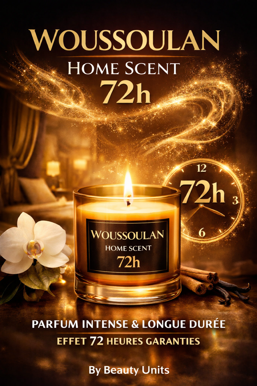 🕯️ WOUSSOULAN
Home Scent – Effet 72 Heures
By Beauty Units
✨ Transforme ton intérieur en un sanctuaire de luxe, de sérénité et de chaleur africaine.
