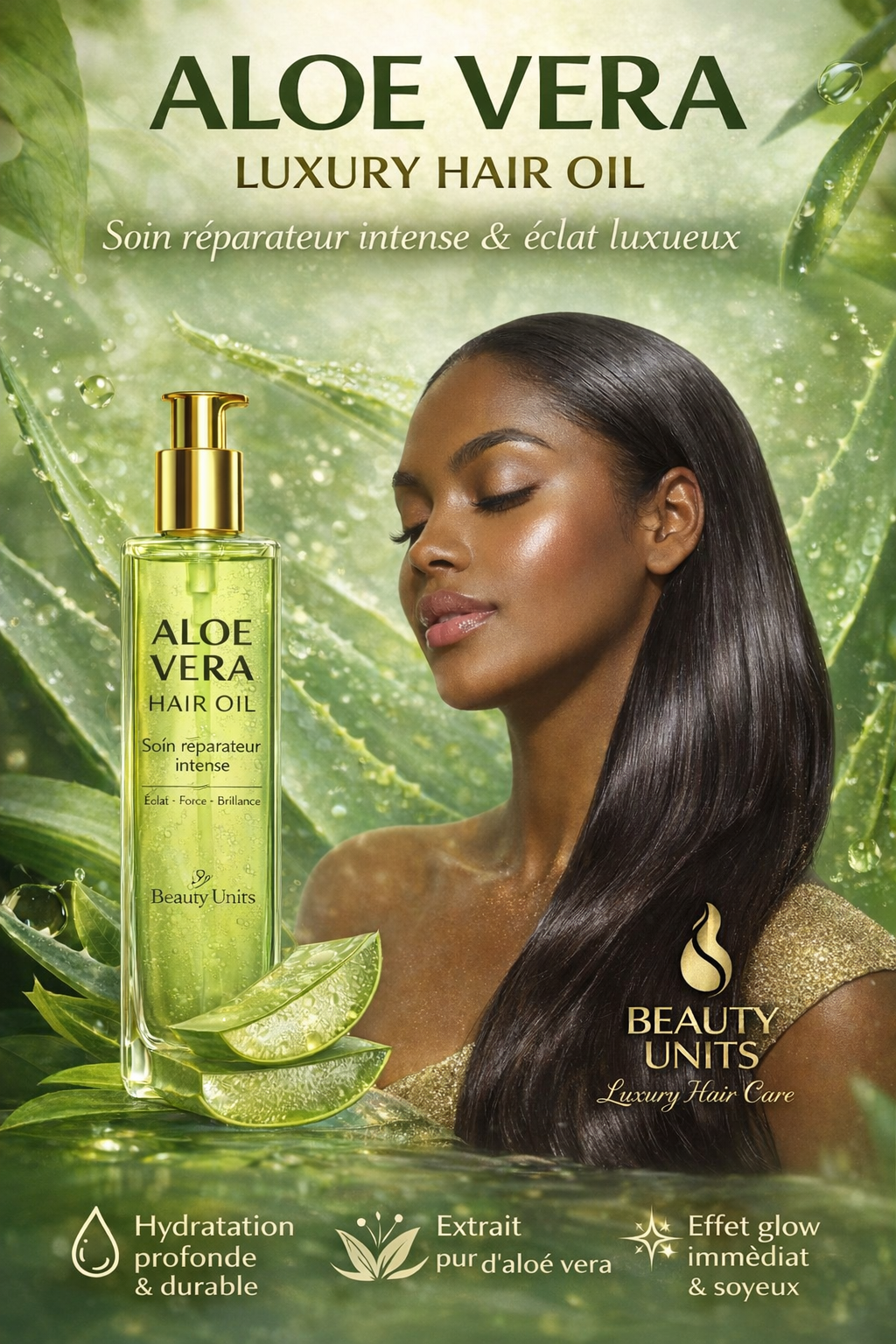 🌿 ALOE VERA LUXURY HAIR OIL
Soin réparateur intense & éclat luxueux
By Beauty Units – Luxury Hair Care