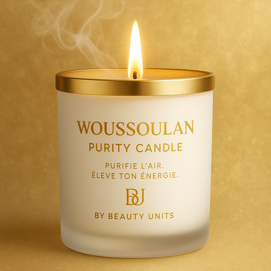 🕯️ WOUSSOULAN – Divine Light Candle
Laisse ta lumière intérieure briller.
Marque : Woussoulan
Signature : BU – By Beauty Units
Catégorie : Bougie parfumée de luxe / Home scent / Bien-être