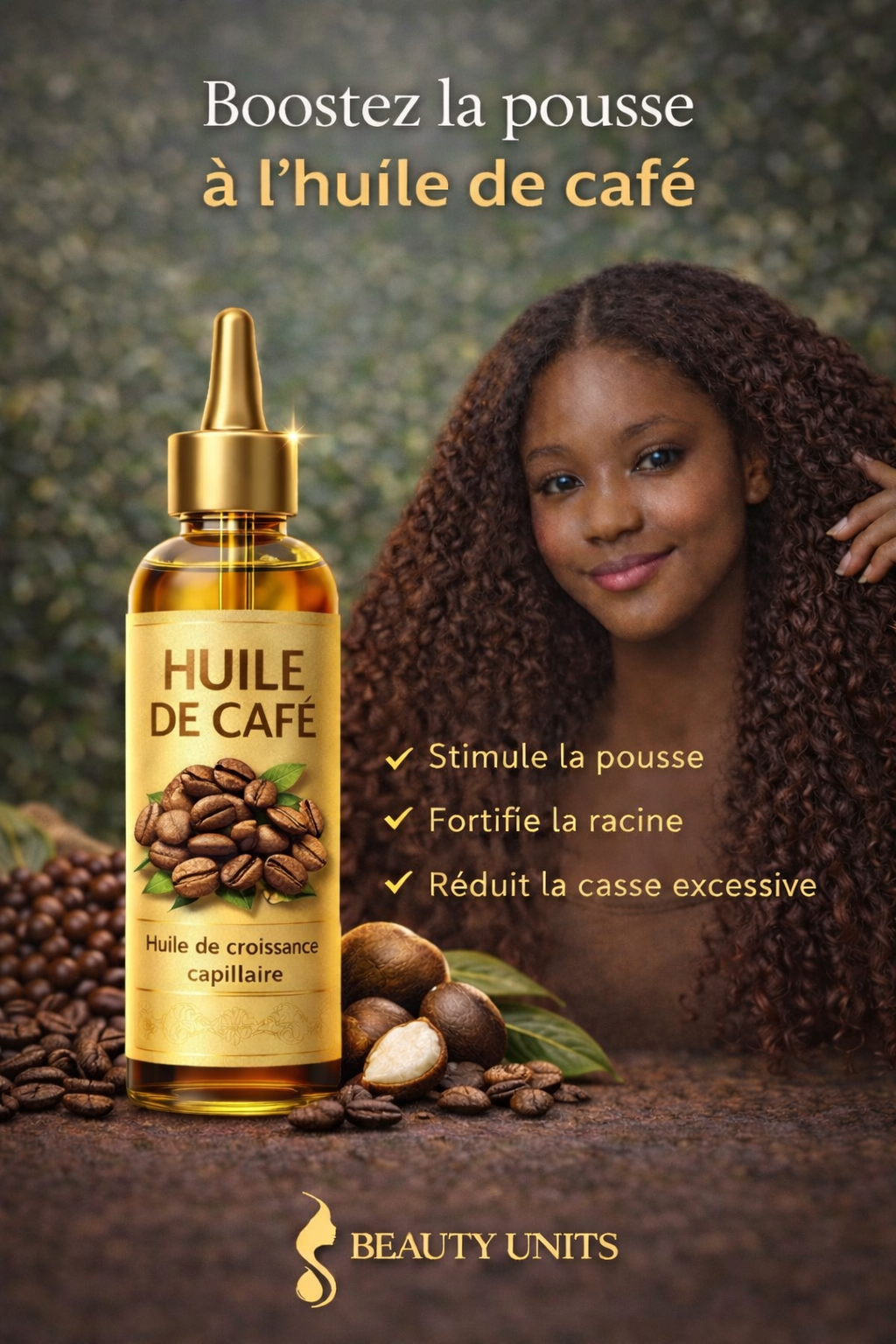 Huile de Café – Huile de Croissance Capillaire
By Beauty Units
✨ 
Boostez la pousse naturellement grâce à l’huile de café, reconnue pour stimuler la croissance, fortifier la racine et