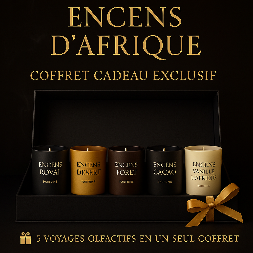🕯️ Encens d’Afrique – Coffret Cadeau Exclusif
5 voyages olfactifs en un seul coffret
Marque : Encens d’Afrique
Collection : Voyages Olfactifs
Catégorie : Bougies parfumées de luxe / Coffret cadeau / Home scent