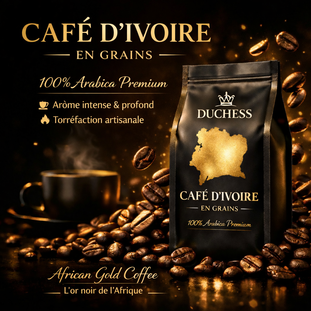 🖤 CAFÉ D’IVOIRE – EN GRAINS
100% Arabica Premium
African Gold Coffee by DUCHESS
🌍 L’or noir de l’Afrique, dans chaque tasse