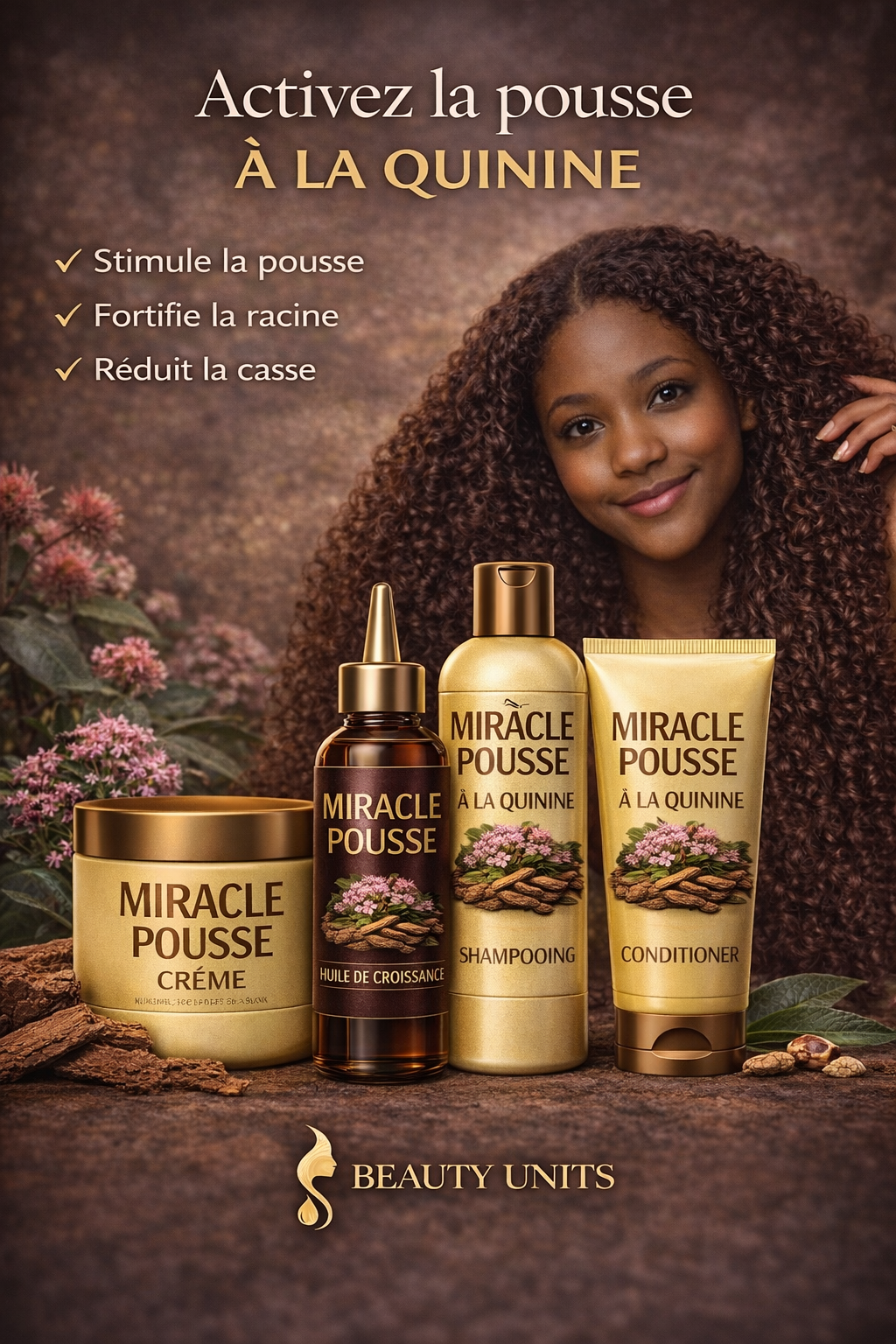 🌿 Miracle Pousse à la Quinine
Activez la pousse – Fortifiez vos racines – Réduisez la casse
Miracle Pousse à la Quinine est une gamme capillaire experte conçue pour stimuler la croissance, renforcer la fibre capillaire et limiter la casse, spécialement a