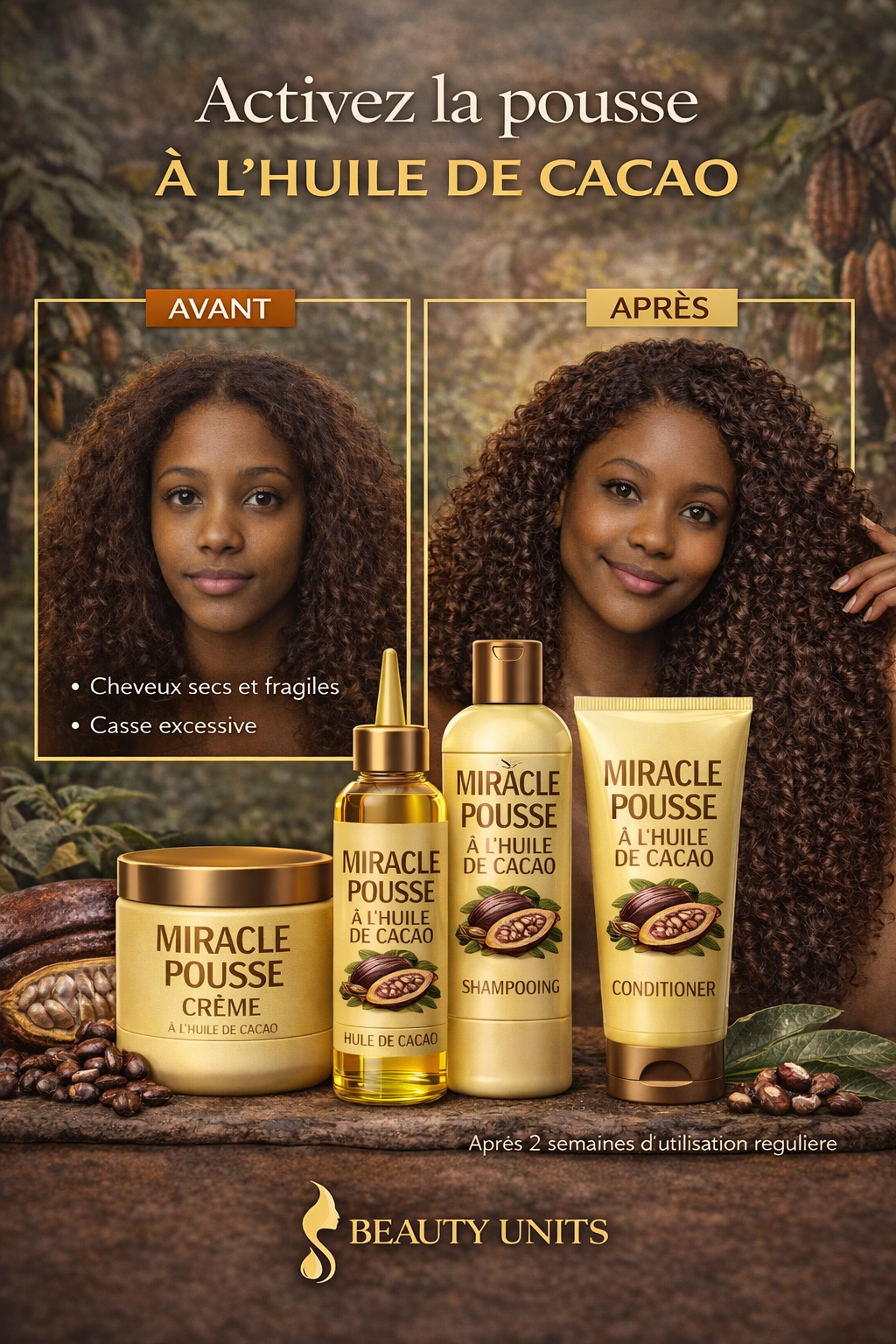 🍫 Miracle Pousse à l’Huile de Cacao
Activez la pousse – Nourrissez intensément – Réparez la fibre
La gamme Miracle Pousse à l’Huile de Cacao est spécialement formulée pour les cheveux secs, fragiles et cassants. Grâce aux propriétés ultra-nourrissantes d